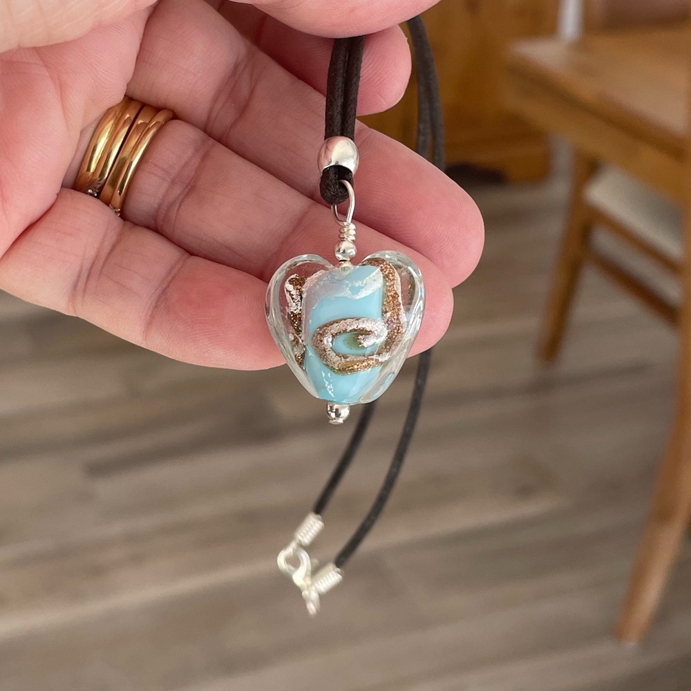 Handmade Baby Blue 20mm Foil Lined Glass Heart Necklace on 18” Black Cord
